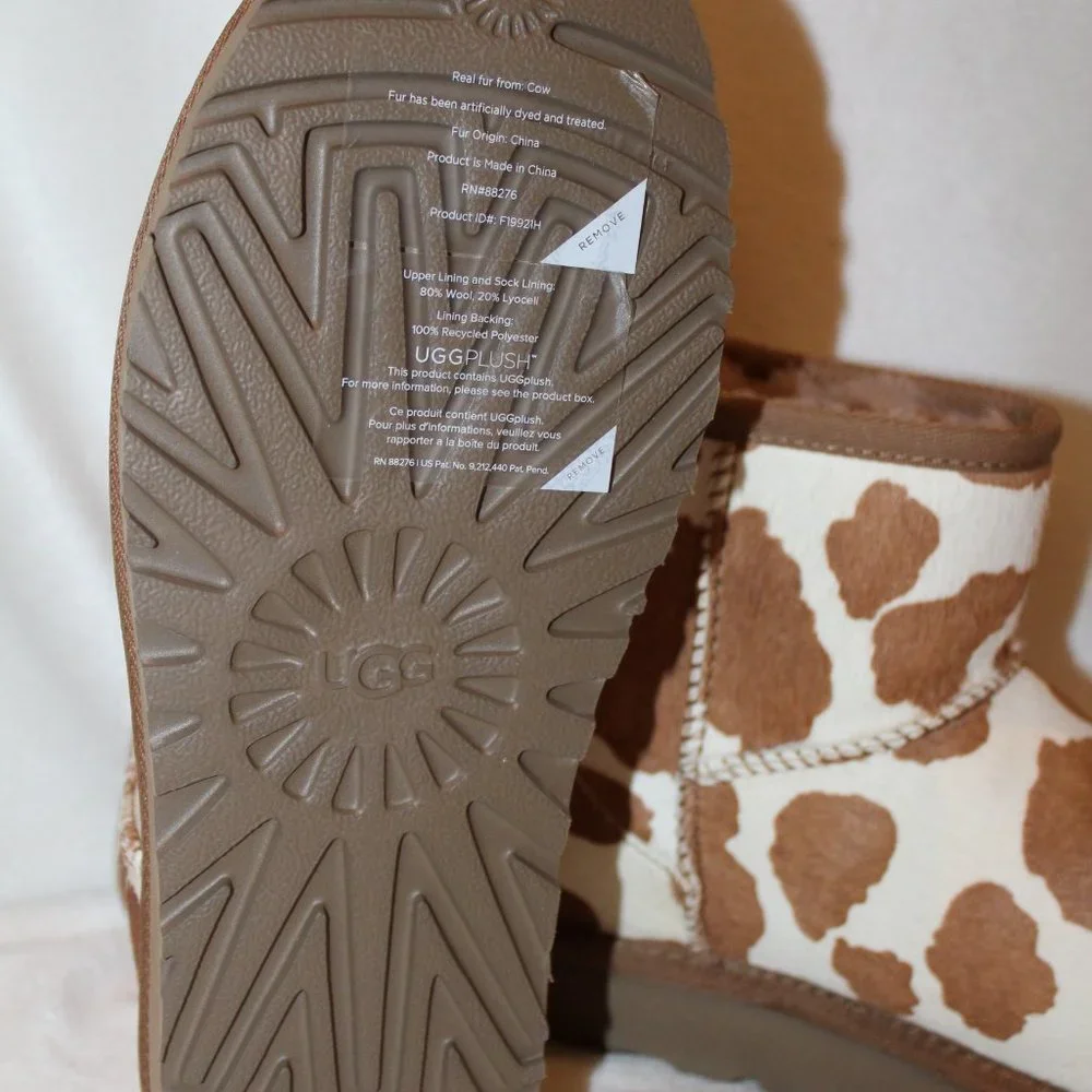 NIB‎ UGG WOMEN'S CALF HAIR PRINT MINI ANKLE BOOTS SAND WHITE